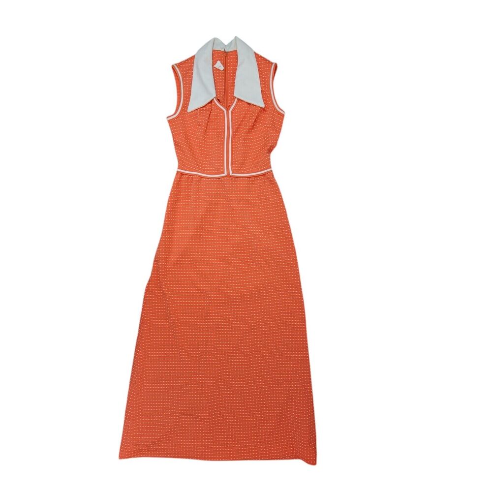 60s/70s Womens Vintage Dress Orange Maxi Polka Dot Mod Tennis Old Money Sz 8 XS